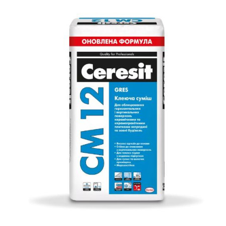 Клей для плитки Ceresit CM 12 (Gres) 25 кг – для керамограніту та великоформатної підлогової плитки